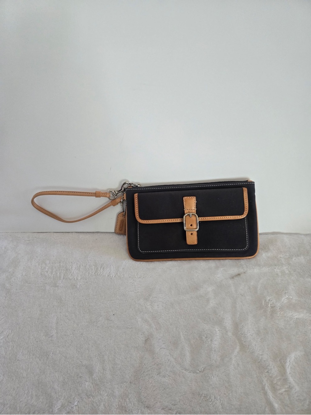 Coach Black Mini Wristlet with Tan Leather Trim
